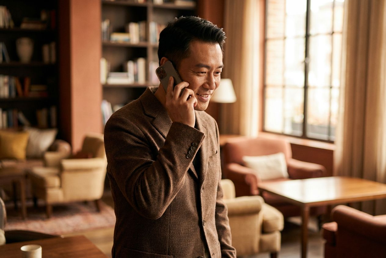 A guest speaking on the phone in his own language, smiling, in a warm, softly lit hotel lounge.